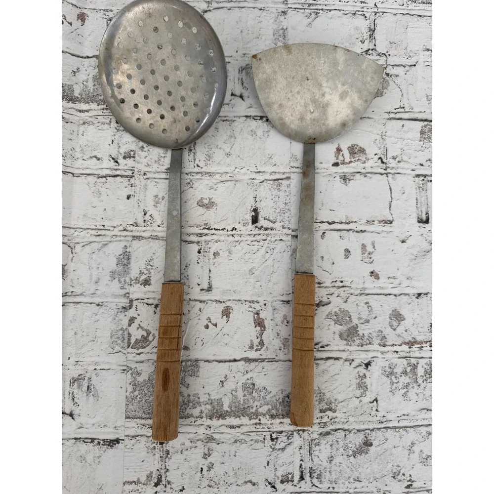 Vintage Wok Spatula and Skimmer Set Wood Handle Metal Kitchen Utensils